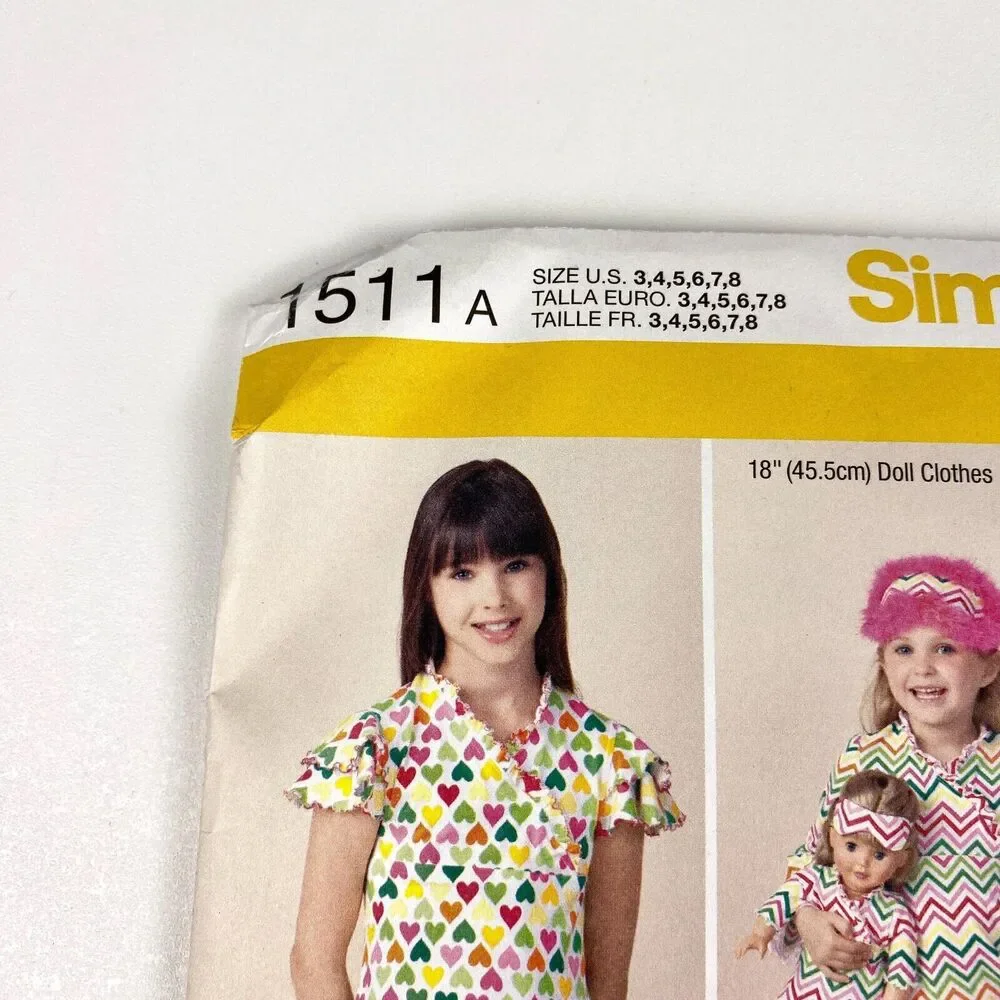 Simplicity 1511 Sewing Pattern Girls Clothing Sz 3-8 & 18 Inch Doll UNCUT FF